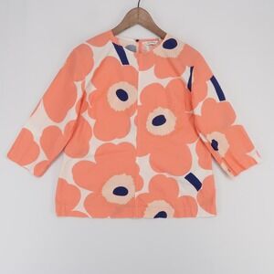 Marimekko Vartto Unikko Blouse Women 40/M Coral Floral Poppy Print Cotton Poplin